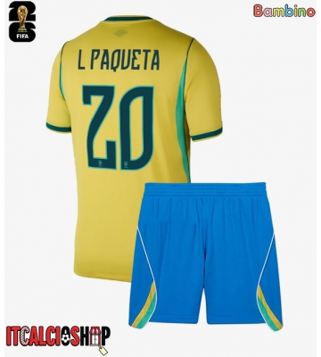 Brasile Lucas Paqueta #20 Prima Maglia Bambino Mondiali 2026 Manica Corta (+ Pantaloni corti)